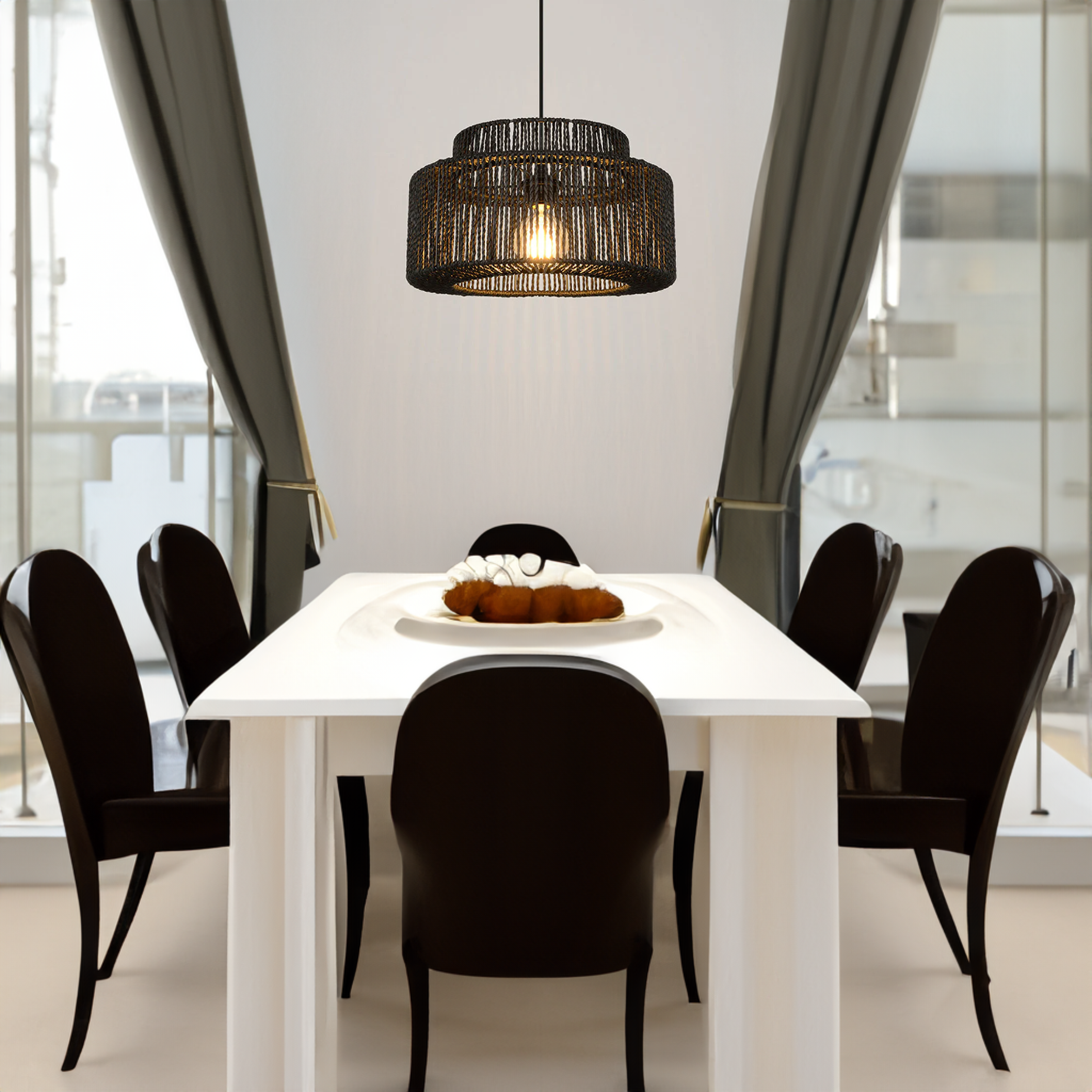 Muto Design Cilindrisch LED Hanglamp Metaal/Twine Zwart Slaap/Woon/Eetkamer