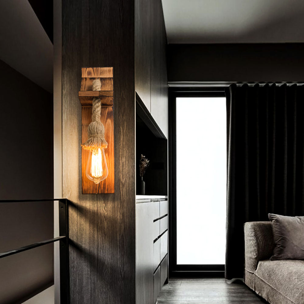 Brio Vintage Rechthoekige LED Wandlamp, Hout/Houtdraad, Woonk/Eetk/ Slaapkamer