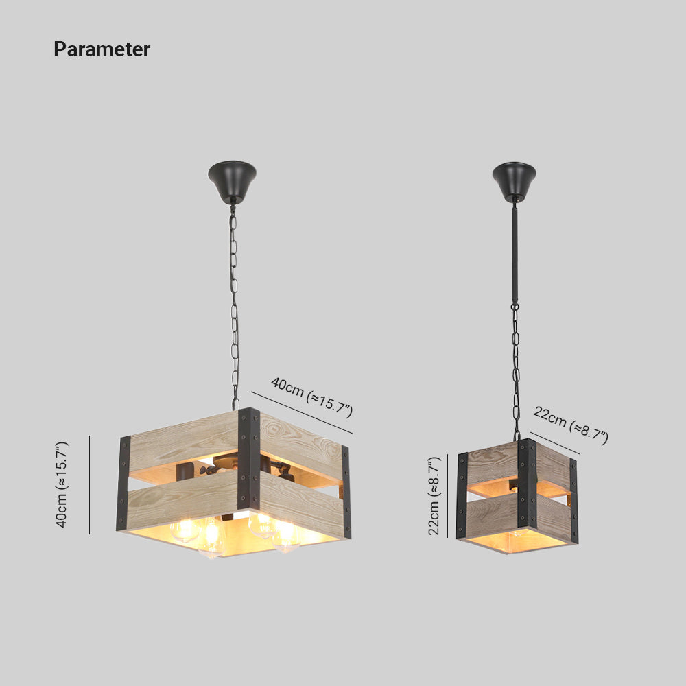 Valerio Retro Vierkante Hanglamp Van Metaal En Hout Woonkamer 4 Lampenkappen 2 Stijlen