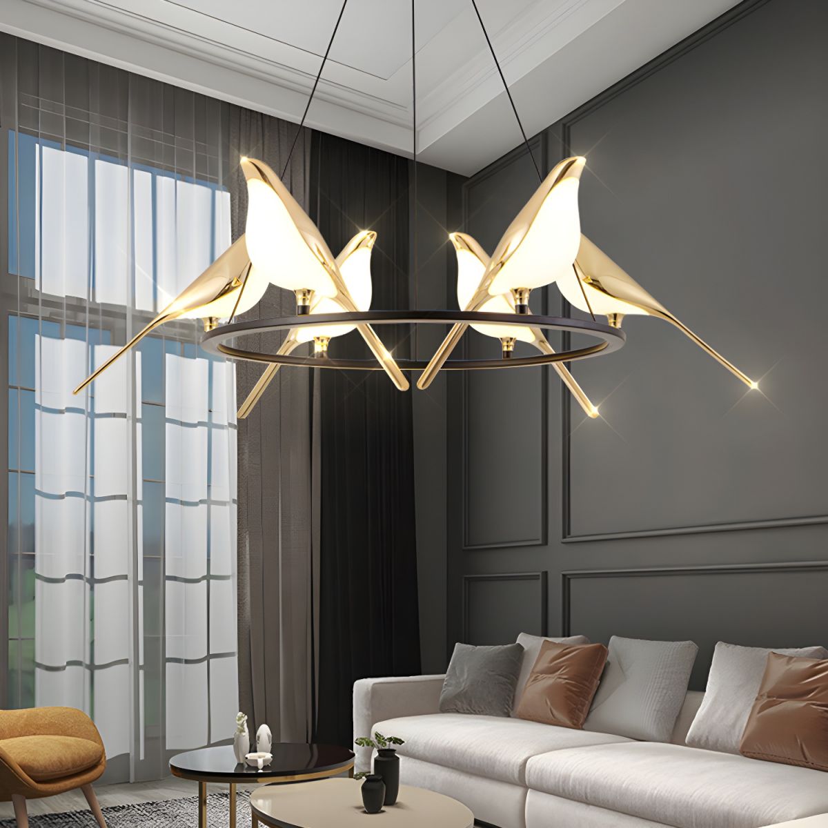 Sirena Art Deco Modern Bird Pendant Light, 3/6/9 Heads, Gold