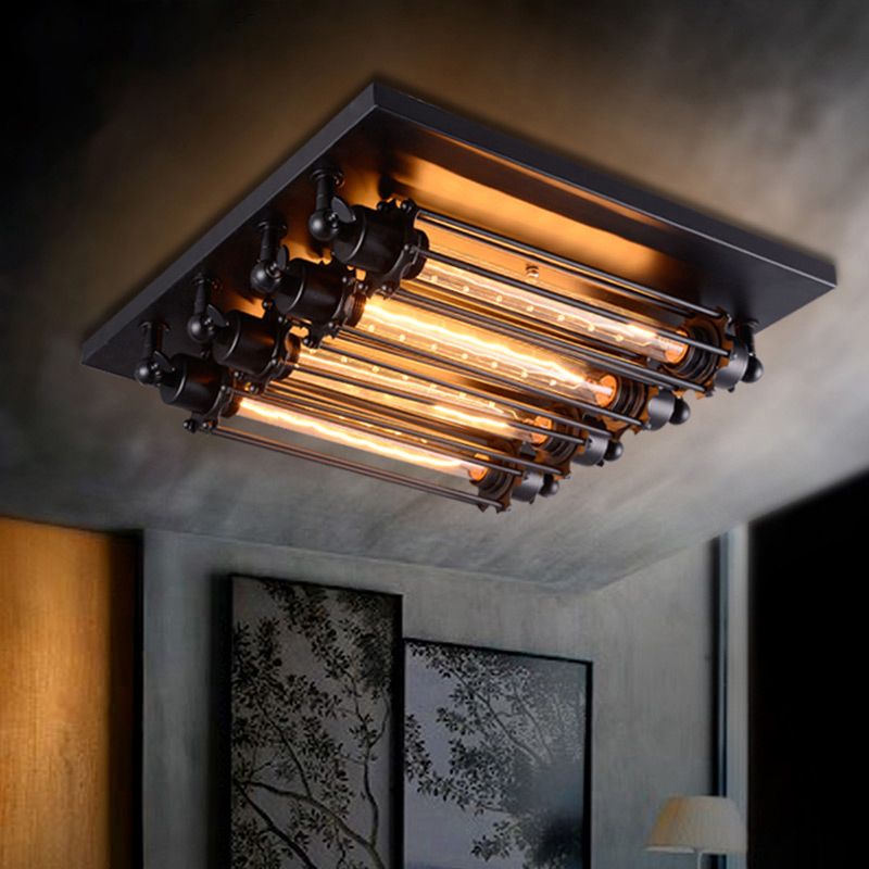 Valerio Vintage Tubed Metal Flush Mount Ceiling Light, Black, Living Room