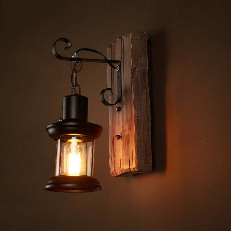 Valerio Retro Lantern LED Wandlampen Zwart Bronze Metaal Hout Slaapkamer