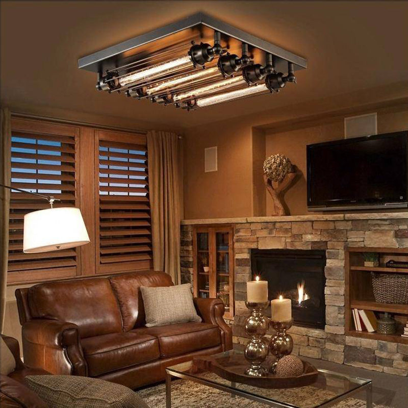 Valerio Vintage Tubed Metal Flush Mount Ceiling Light, Black, Living Room