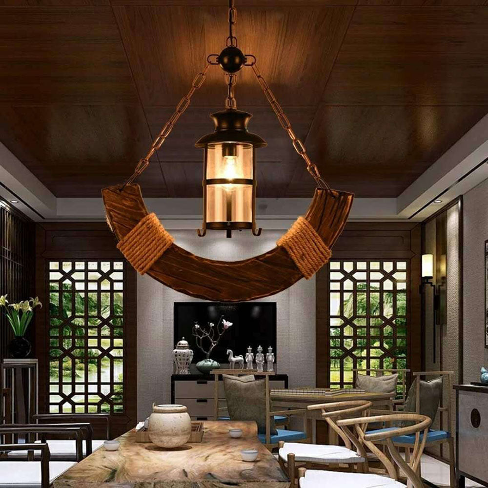 Brio Retro Rustic Arc Metal/Wood Lantern Glass Pendant Light