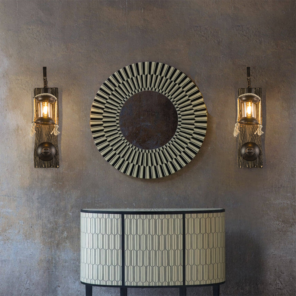 Valerio Wall Lamp Retro Lantern Ring Black Wooden, Bedroom
