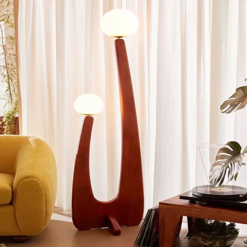 Elio Vintage Houten/Glazen Vloerlamp, 2 kops, Slaapk/Kinderk/Woonkamer