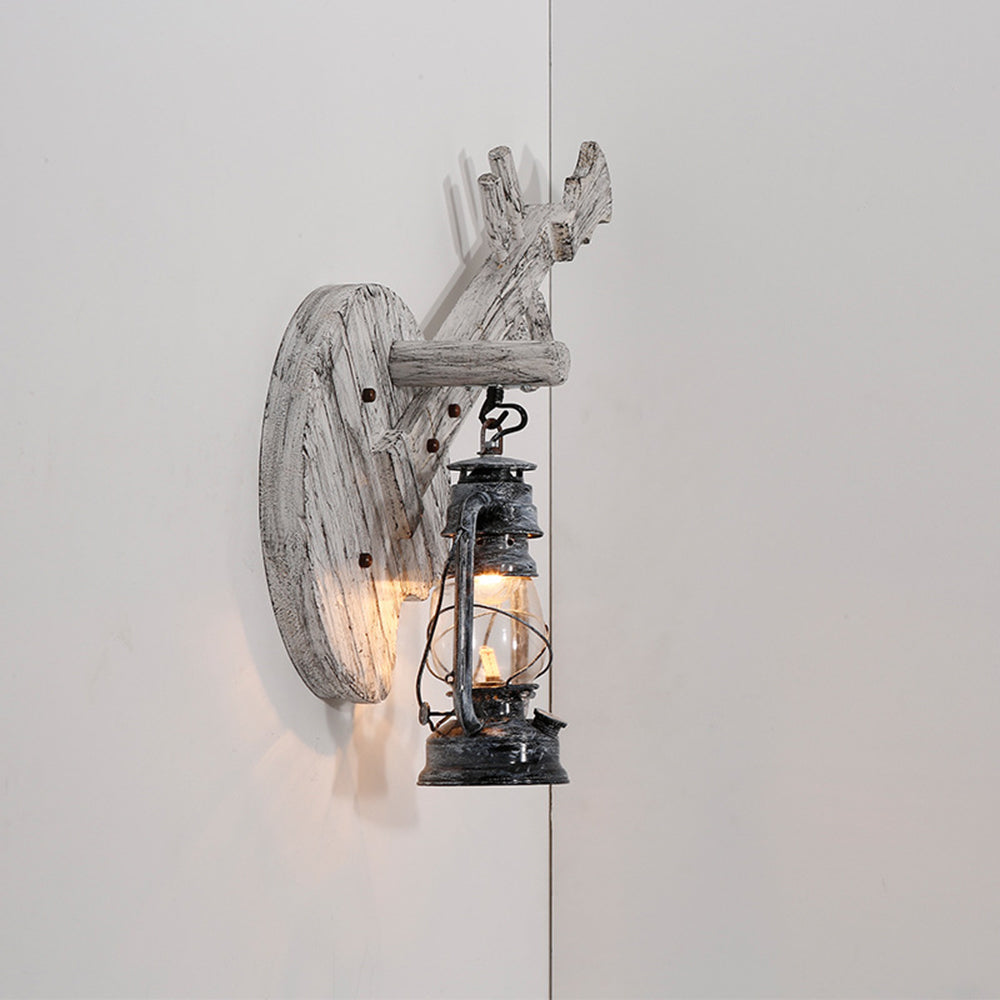 Brio Lute Vintage Wandlamp Lantaarn Hout Grijs, Woonk/Eetk/ Slaapkamer