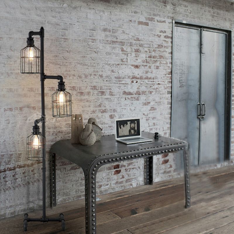 Valerio Retro Metalen Design Vloerlamp Met Vogelkooi 3 Koppen Zwart
