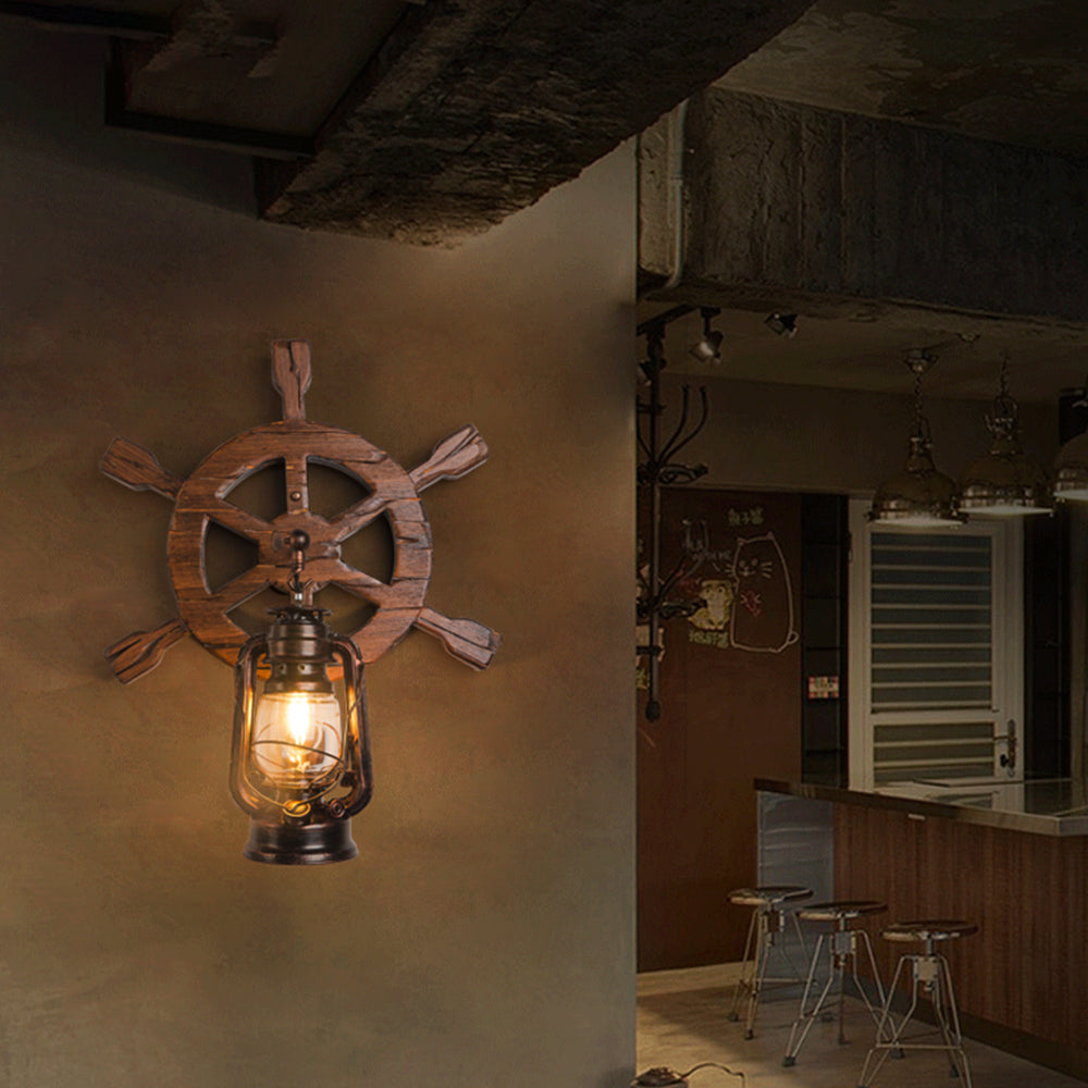 Brio Retro Roer Design Wandlamp Lantaarn Bruin Hout, Bars/Slaapkamer