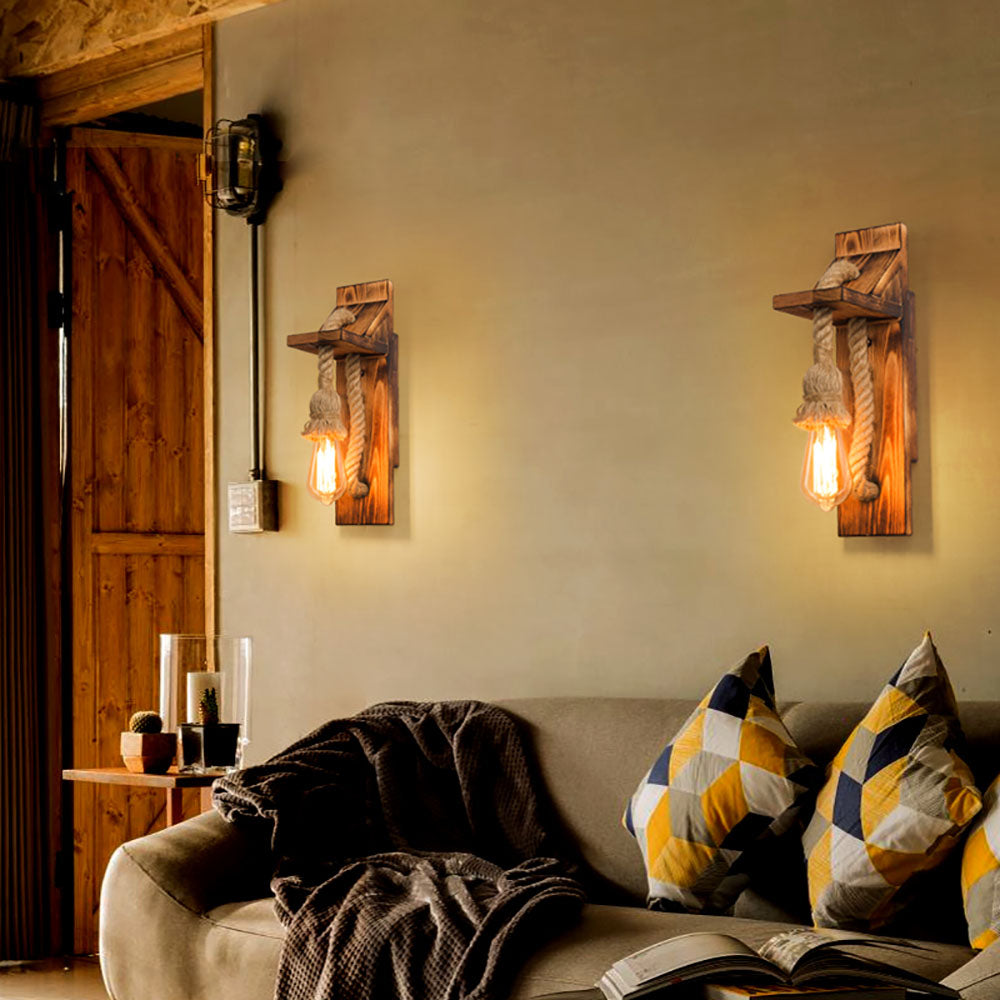Brio Vintage Rechthoekige LED Wandlamp, Hout/Houtdraad, Woonk/Eetk/ Slaapkamer