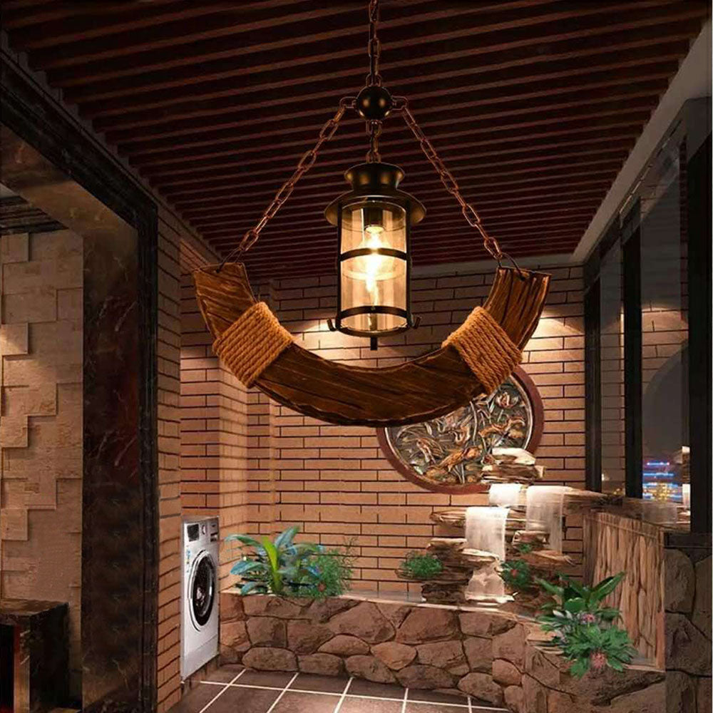 Brio Retro Rustic Arc Metal/Wood Lantern Glass Pendant Light