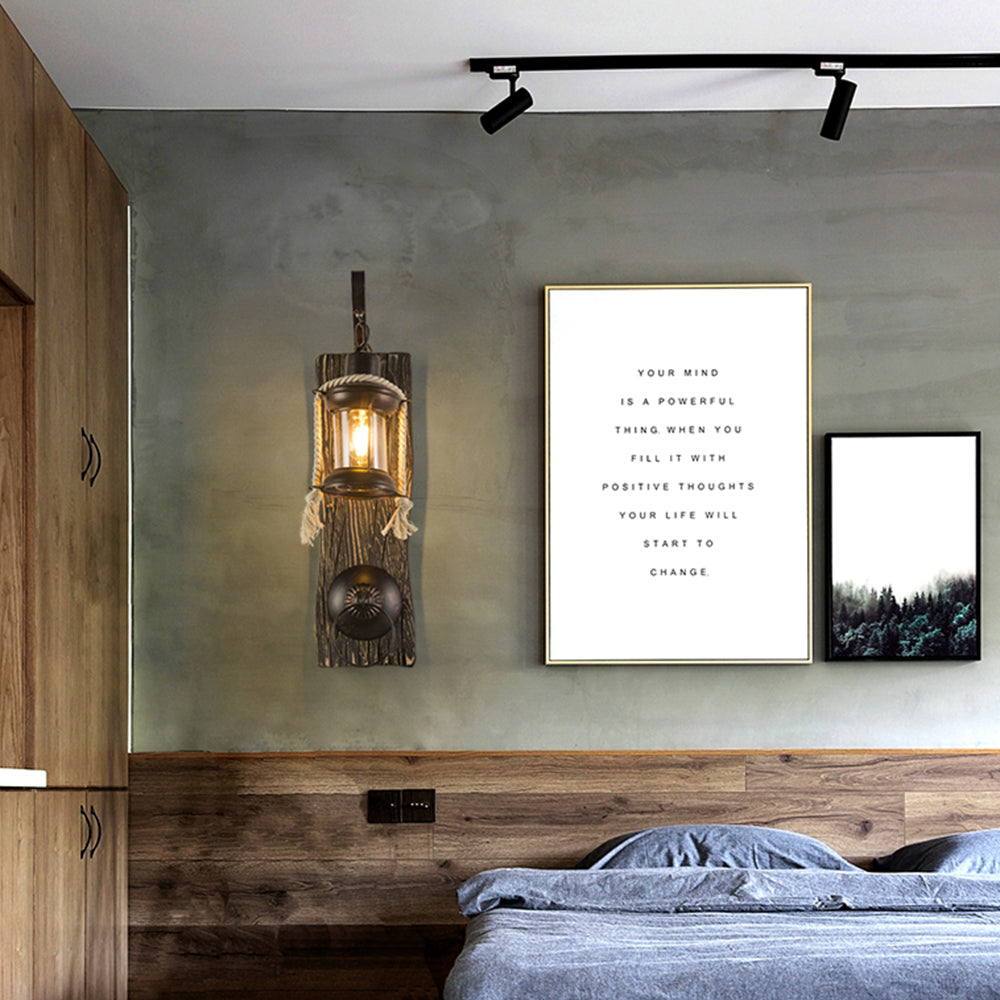 Valerio Wall Lamp Retro Lantern Ring Black Wooden, Bedroom