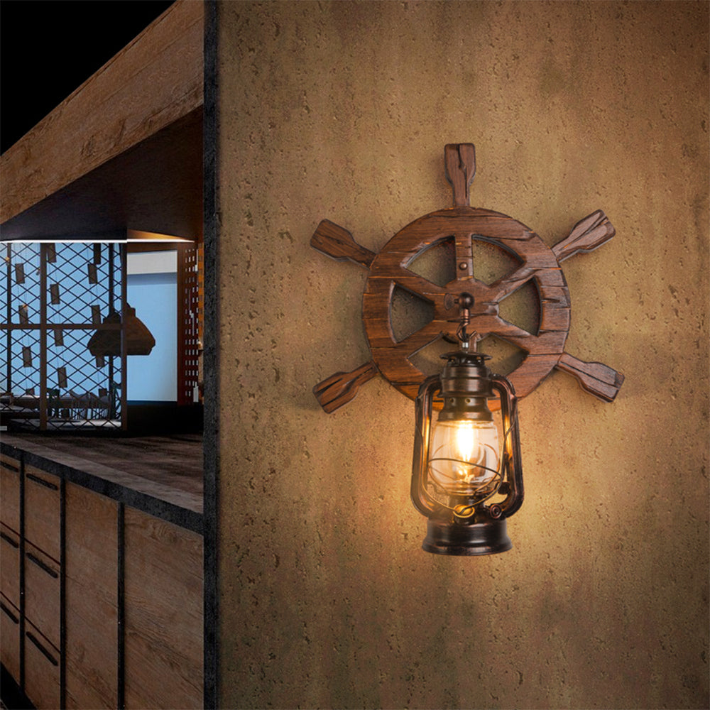 Brio Retro Roer Design Wandlamp Lantaarn Bruin Hout, Bars/Slaapkamer