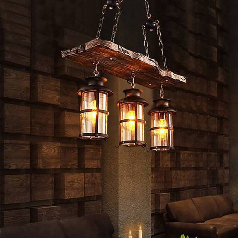 Brio Retro Design Hanglamp 3 Lantaarns Lineair Hout/Metaal, Kroonluchter, Woonk/Slaapkamer