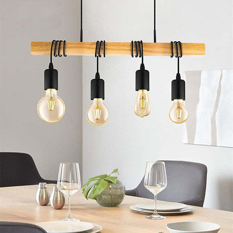 Valerio Rustieke LineaireHouten Hanglamp, Zwart, 4 Lampen Slaapkamer/Woonkamer
