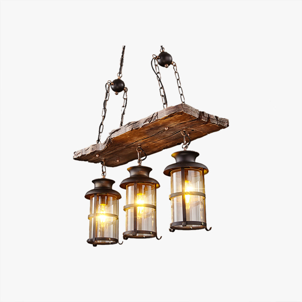Brio Retro Design Hanglamp 3 Lantaarns Lineair Hout/Metaal, Kroonluchter, Woonk/Slaapkamer