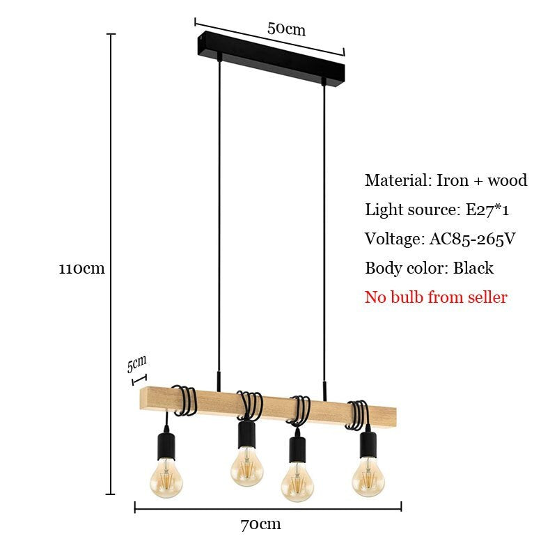 Valerio Rustieke LineaireHouten Hanglamp, Zwart, 4 Lampen Slaapkamer/Woonkamer