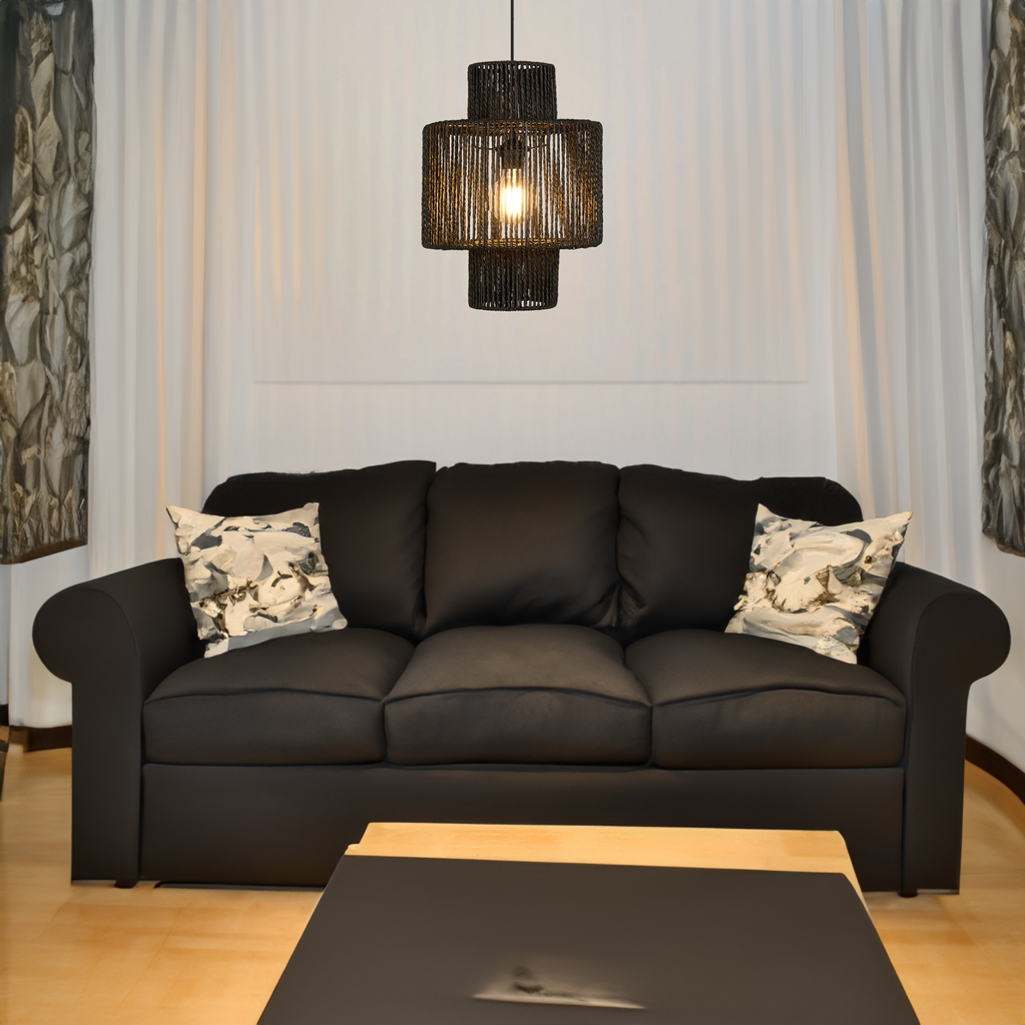 Muto Design Cilindrisch LED Hanglamp Metaal/Twine Zwart Slaap/Woon/Eetkamer