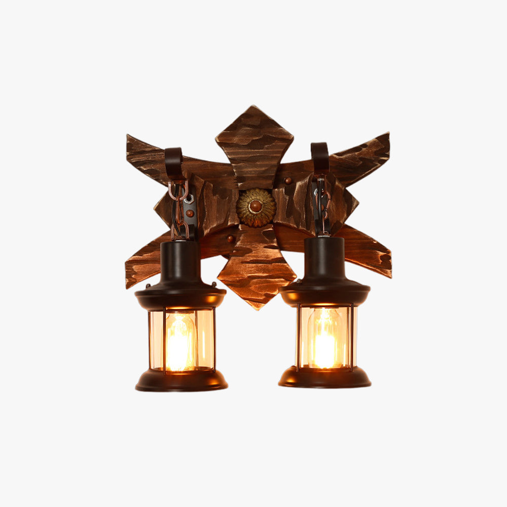 Brio Decoratief Vintage Lantaarn Wandlamp Dubbel Licht Hout, Woonk/Eetk/ Slaapkamer