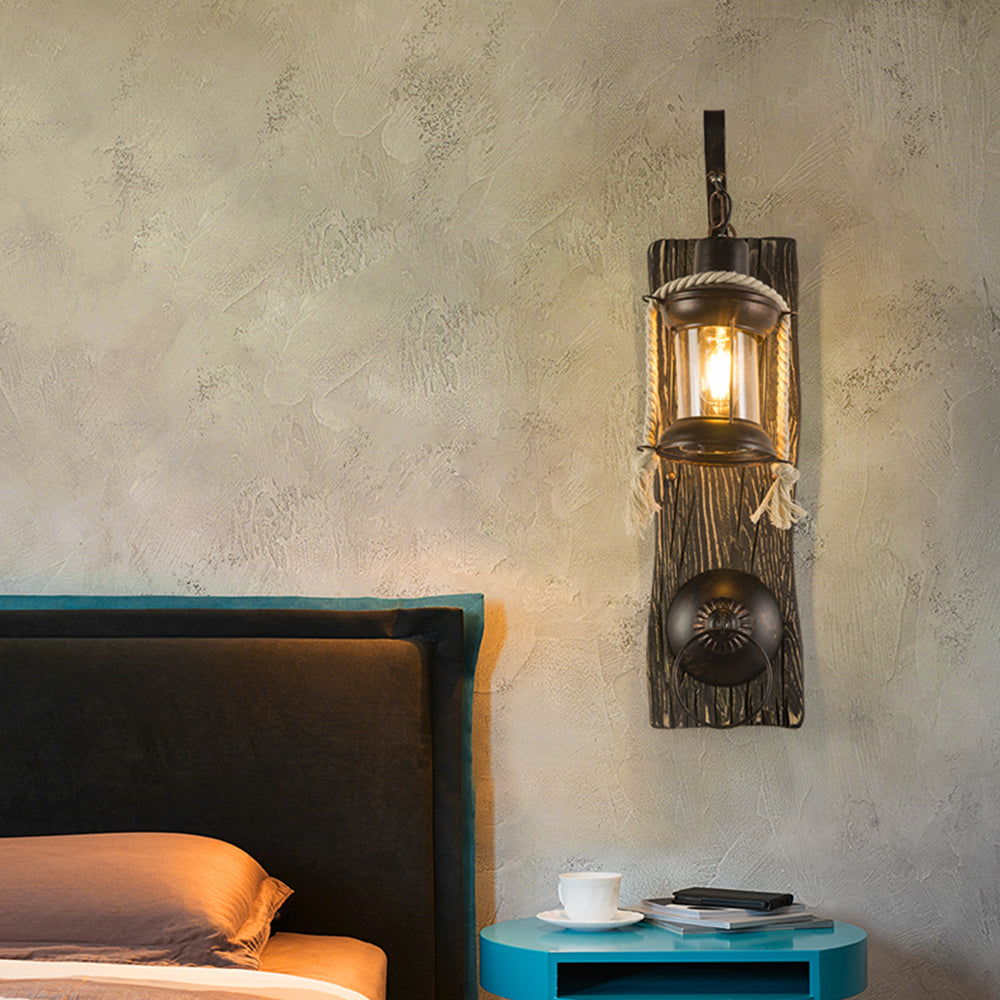 Valerio Wall Lamp Retro Lantern Ring Black Wooden, Bedroom