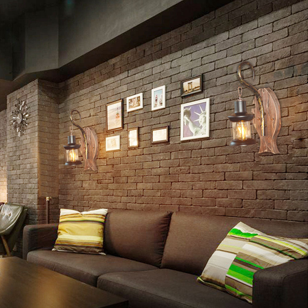 Brio Design Visvorm Vintage LED Wandlamp, Hout/Metaal, Woonk/Eetk/ Slaapkamer