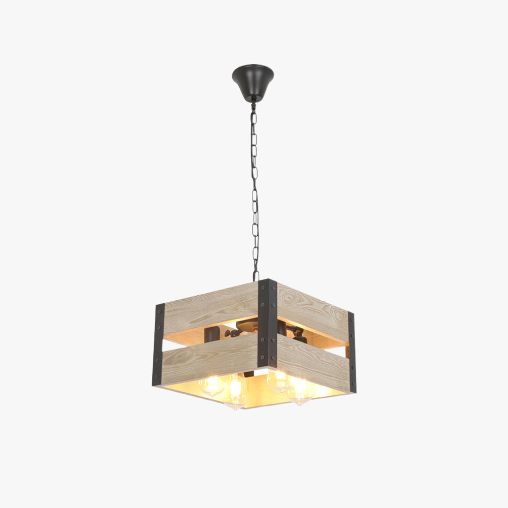 Valerio Retro Vierkante Hanglamp Van Metaal En Hout Woonkamer 4 Lampenkappen 2 Stijlen