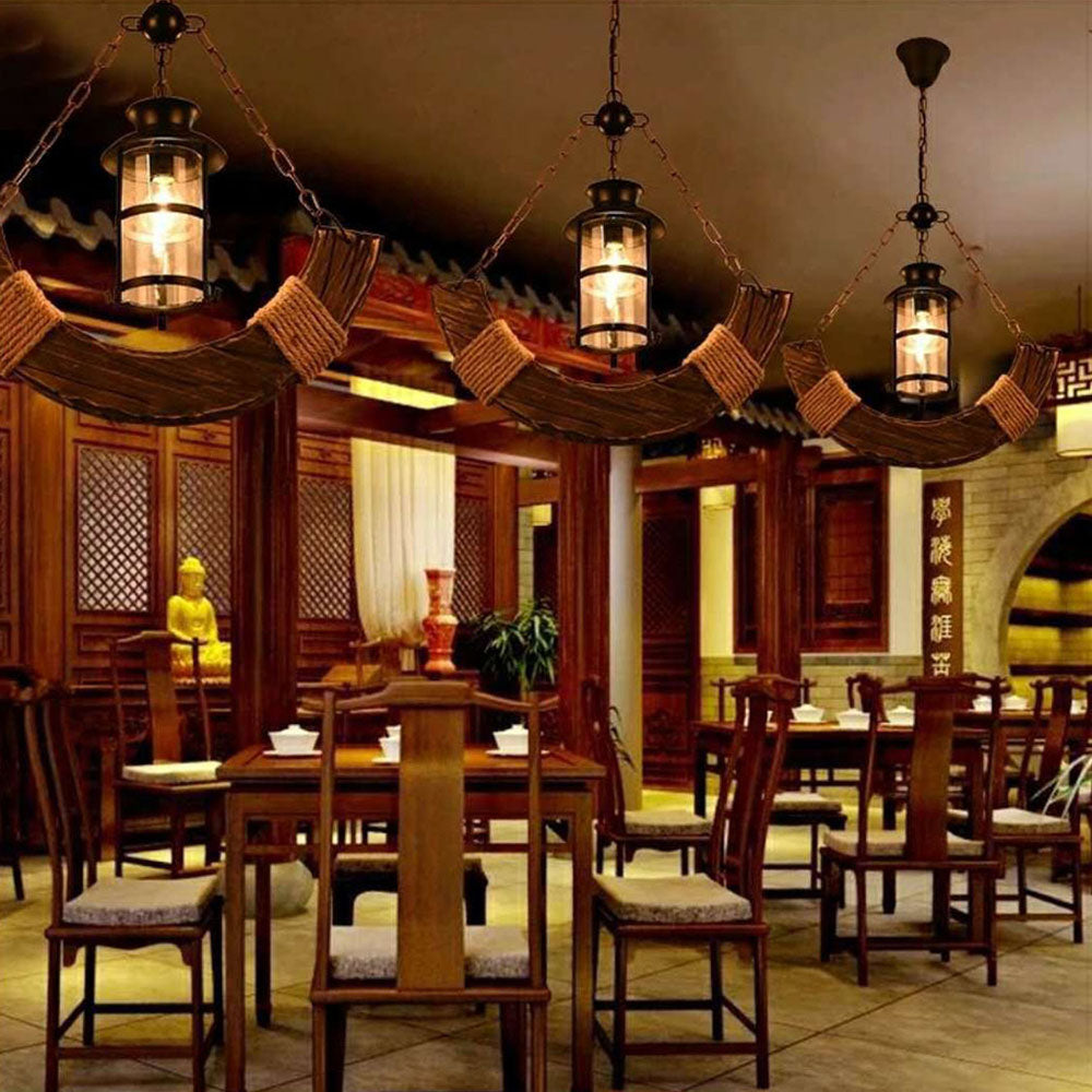 Brio Retro Rustic Arc Metal/Wood Lantern Glass Pendant Light