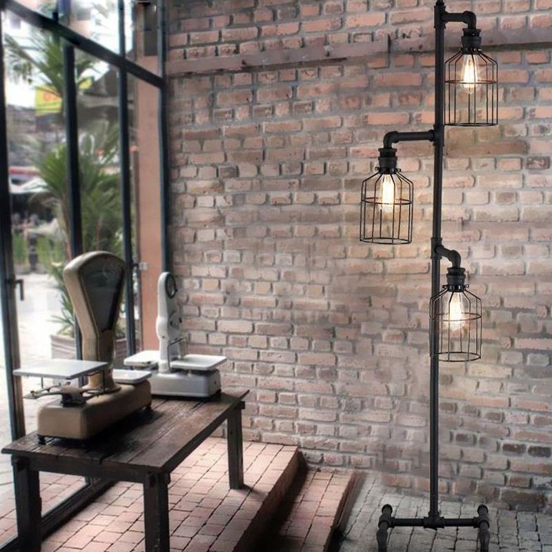 Valerio Retro Metalen Design Vloerlamp Met Vogelkooi 3 Koppen Zwart
