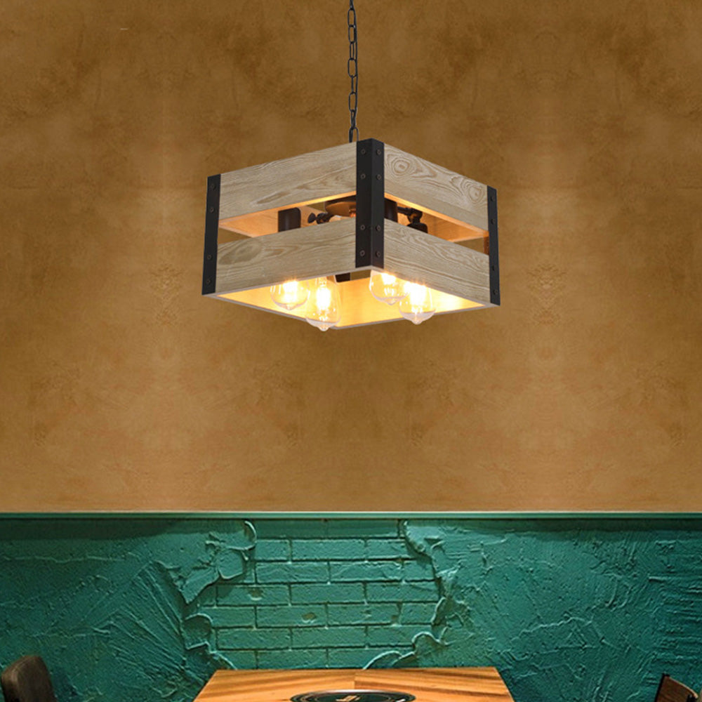 Valerio Retro Vierkante Hanglamp Van Metaal En Hout Woonkamer 4 Lampenkappen 2 Stijlen