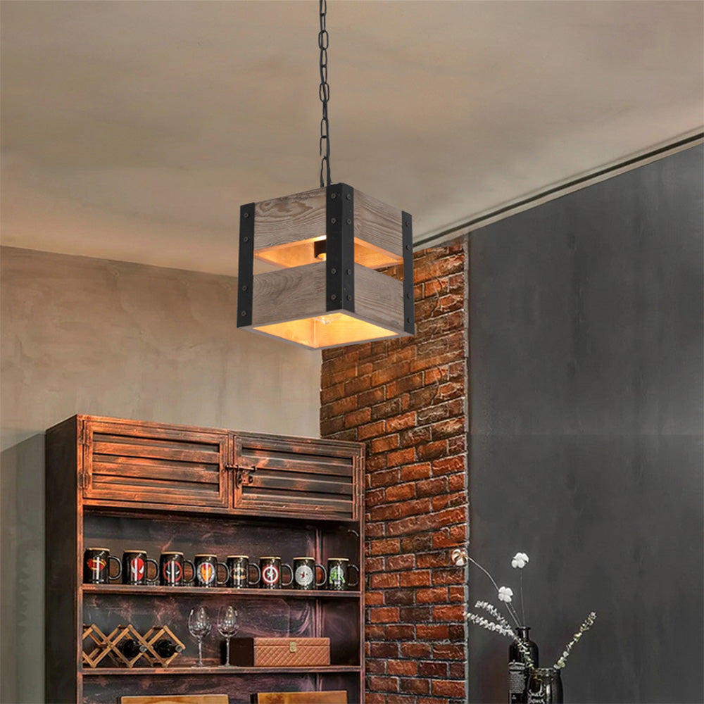 Valerio Retro Vierkante Hanglamp Van Metaal En Hout Woonkamer 4 Lampenkappen 2 Stijlen