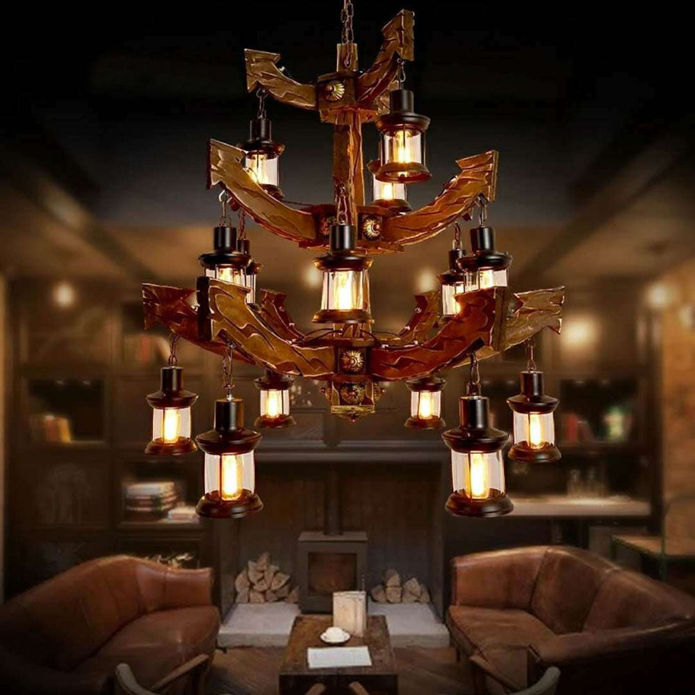 Brio Retro 14 Lantern Wood/Metal Chandelier