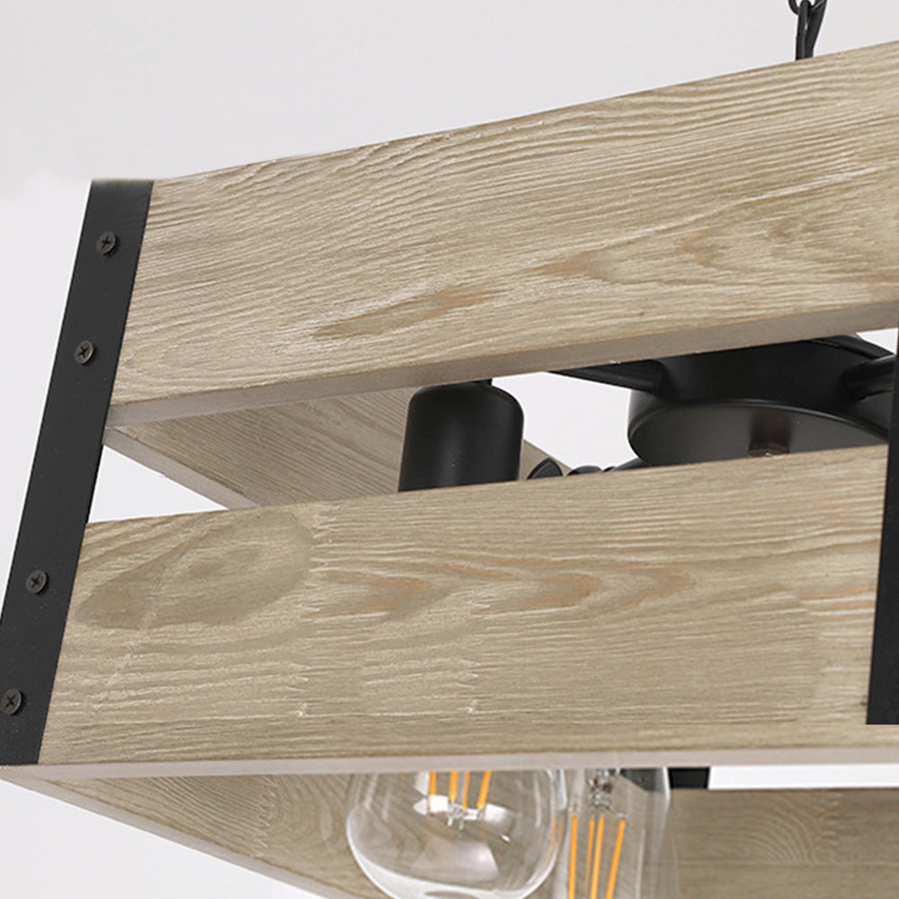Valerio Retro Vierkante Hanglamp Van Metaal En Hout Woonkamer 4 Lampenkappen 2 Stijlen