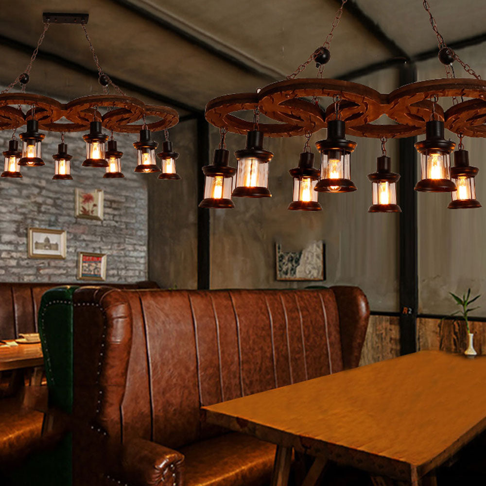 Brio Vintage 5 Ring Metal/Wood Pendant Light, Walnut