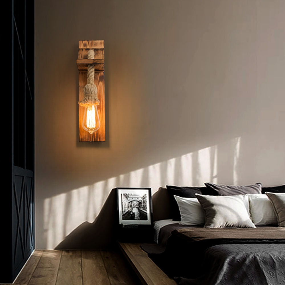 Brio Vintage Rechthoekige LED Wandlamp, Hout/Houtdraad, Woonk/Eetk/ Slaapkamer