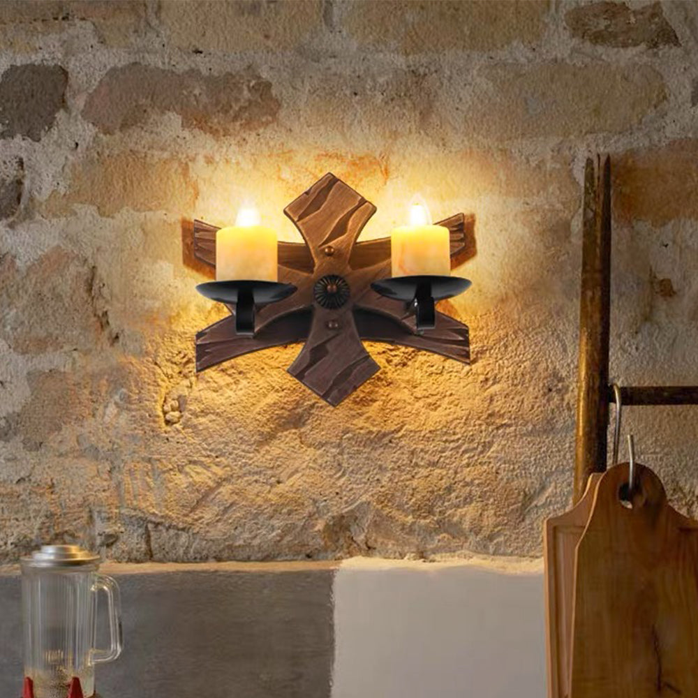 Brio Decoratief Vintage Kaars Dubbel Licht Hout Wandlamp, Woonk/Eetk/ Slaapkamer