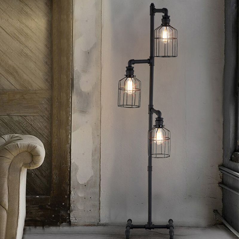 Valerio Retro Metalen Design Vloerlamp Met Vogelkooi 3 Koppen Zwart