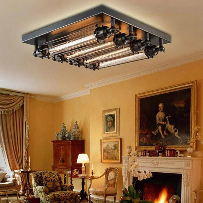 Valerio Vintage Tubed Metal Flush Mount Ceiling Light, Black, Living Room