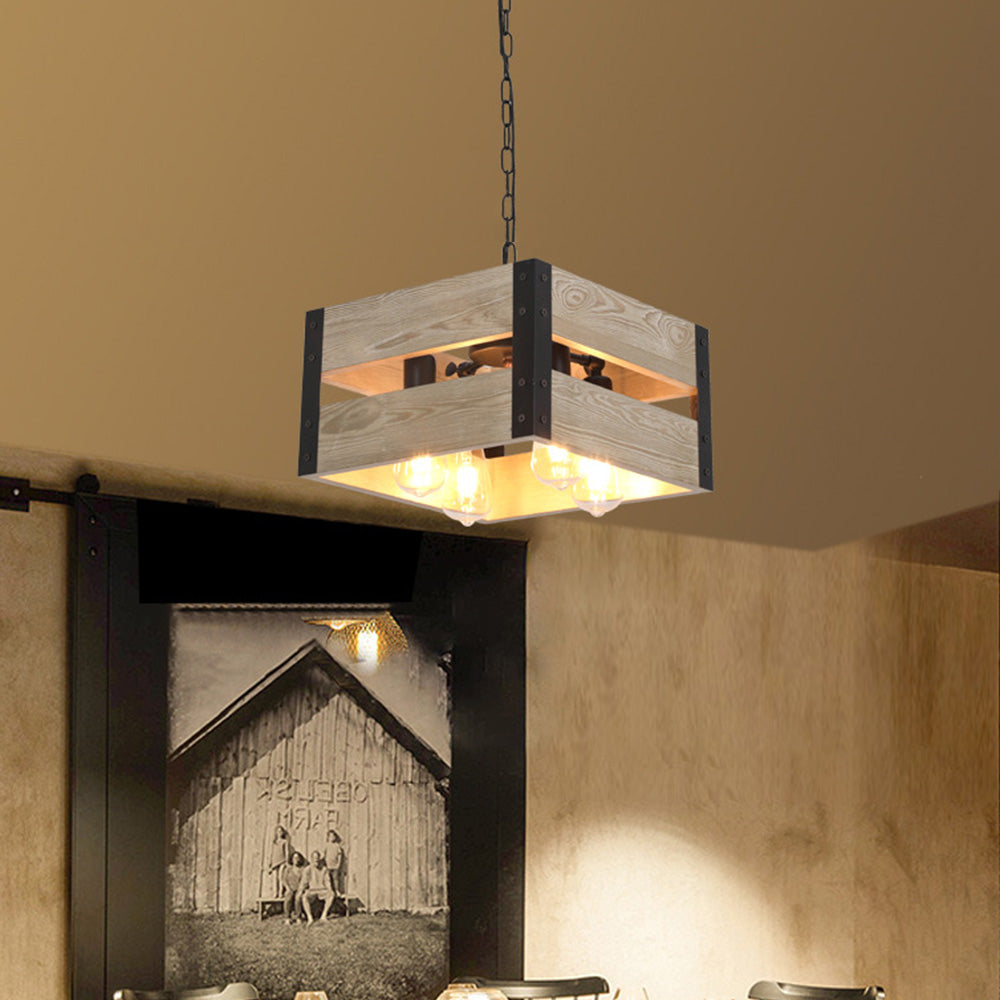 Valerio Retro Vierkante Hanglamp Van Metaal En Hout Woonkamer 4 Lampenkappen 2 Stijlen