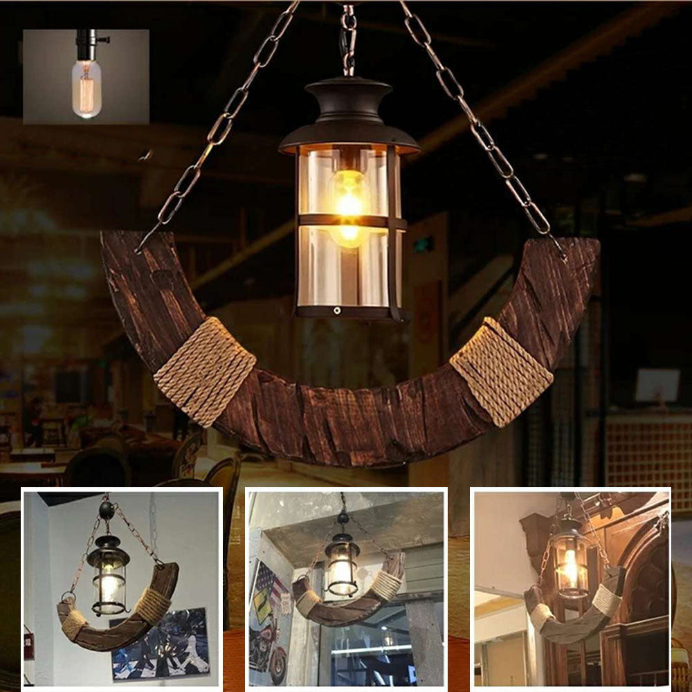Brio Retro Rustic Arc Metal/Wood Lantern Glass Pendant Light