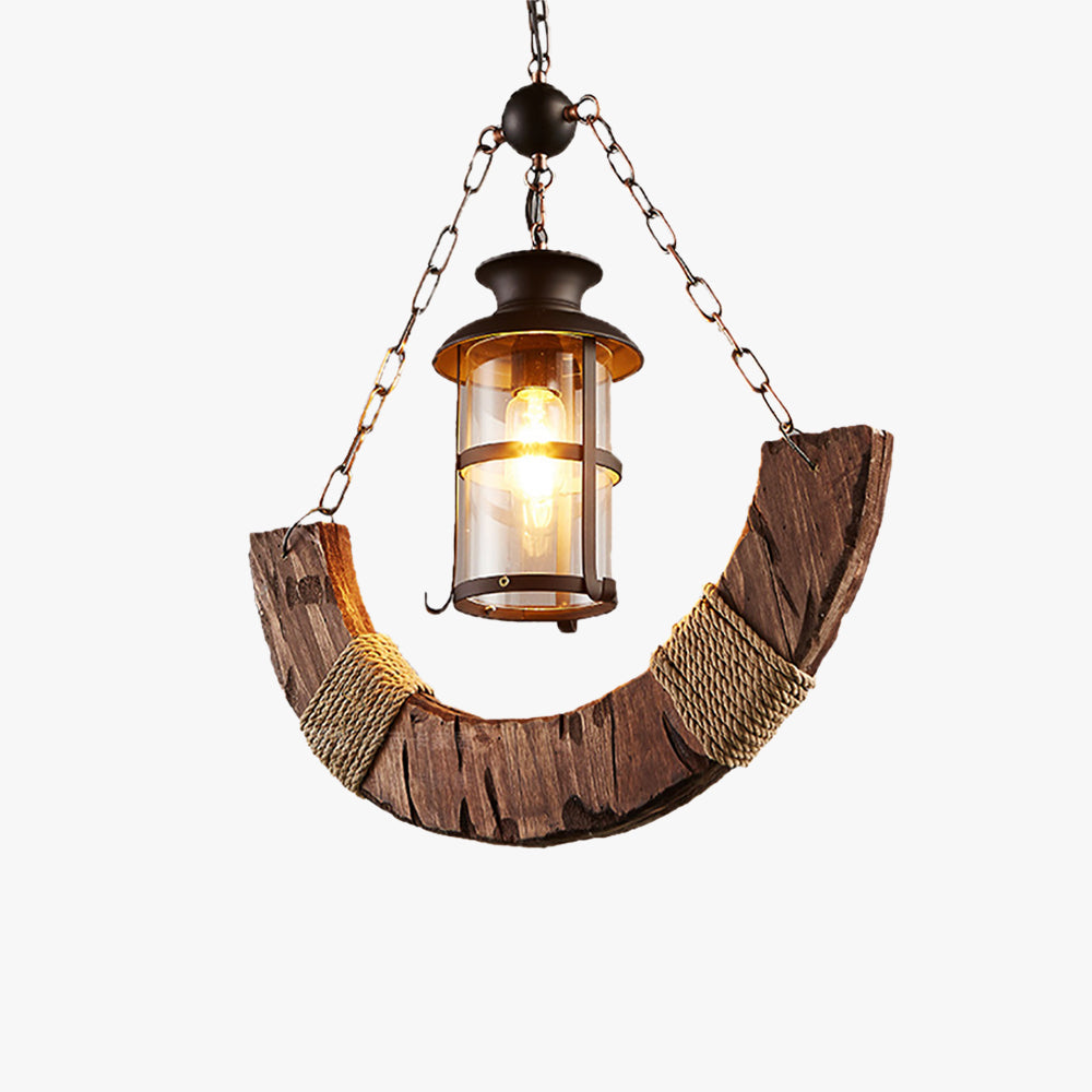 Brio Retro Rustic Arc Metal/Wood Lantern Glass Pendant Light