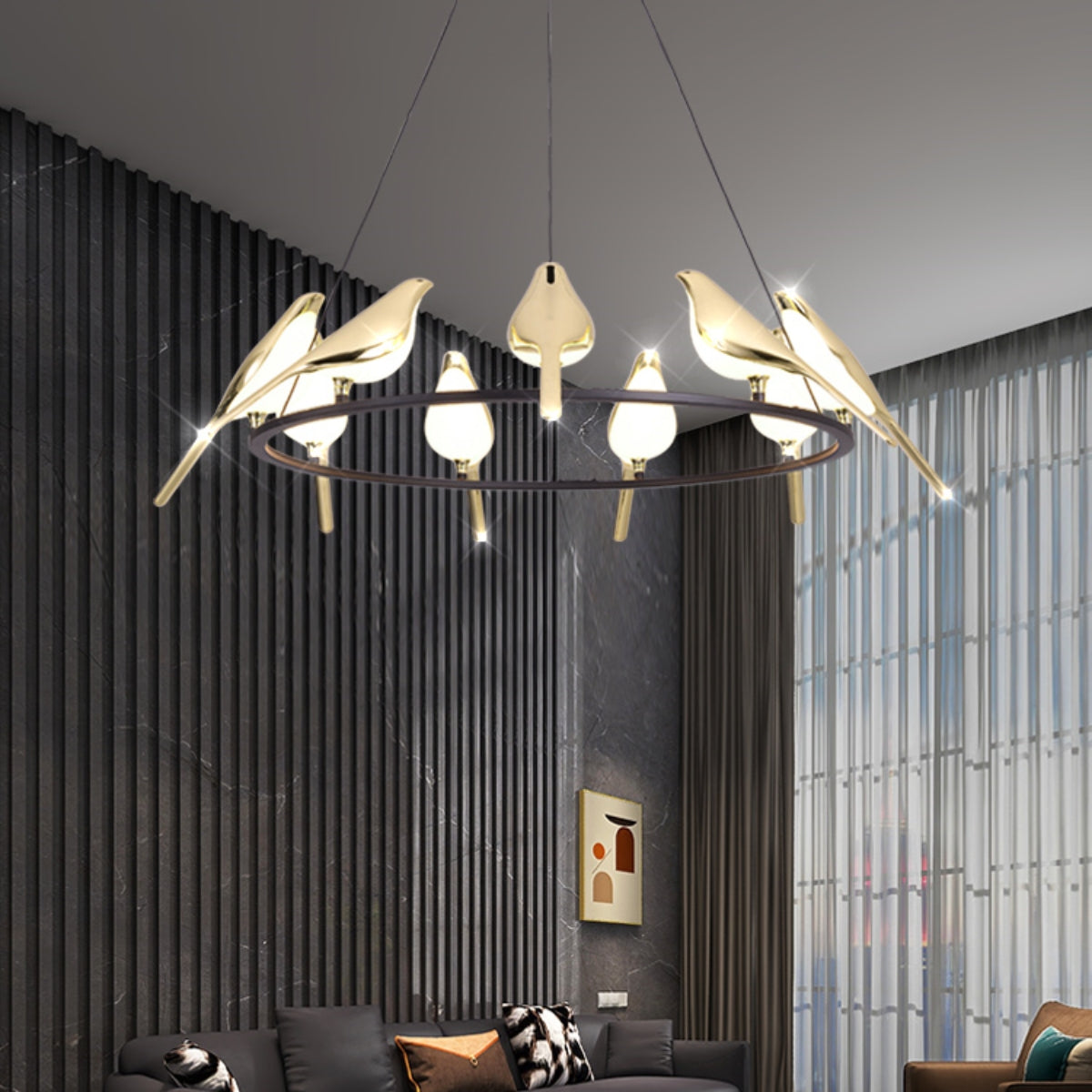 Sirena Art Deco Modern Bird Pendant Light, 3/6/9 Heads, Gold