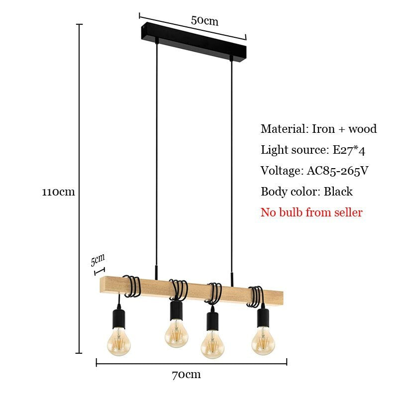 Valerio Rustieke LineaireHouten Hanglamp, Zwart, 4 Lampen Slaapkamer/Woonkamer