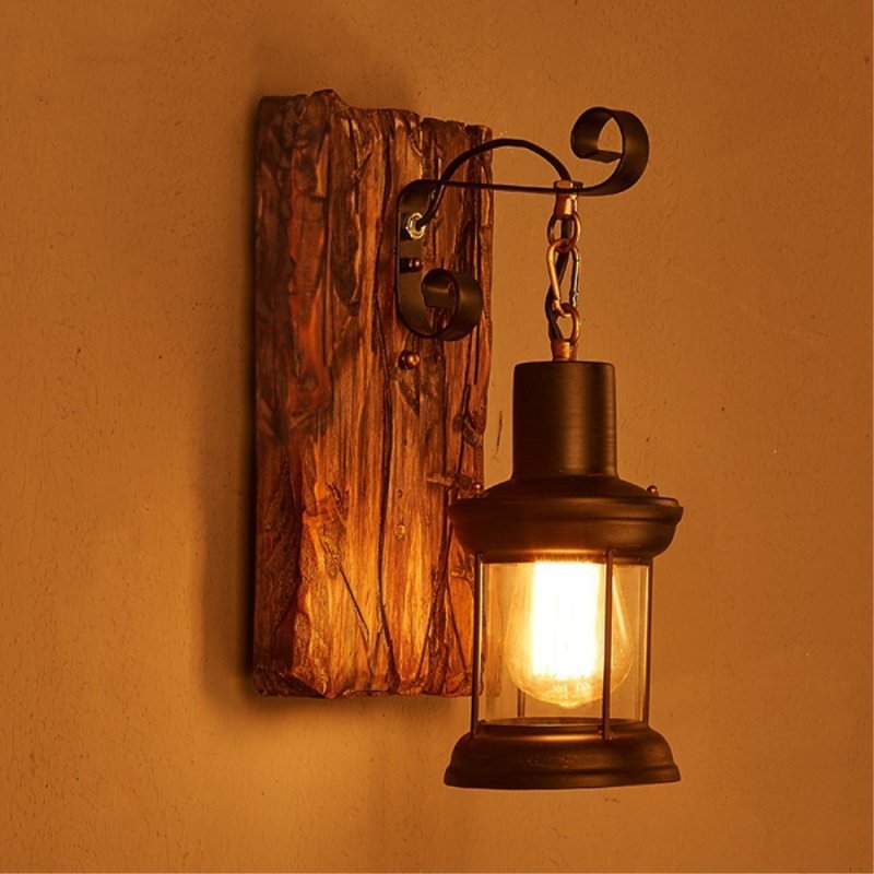 Valerio Retro Lantern LED Wandlampen Zwart Bronze Metaal Hout Slaapkamer