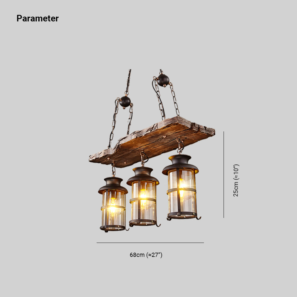 Brio Retro Design Hanglamp 3 Lantaarns Lineair  Hout/Metaal, Kroonluchter, Woonk/Slaapkamer