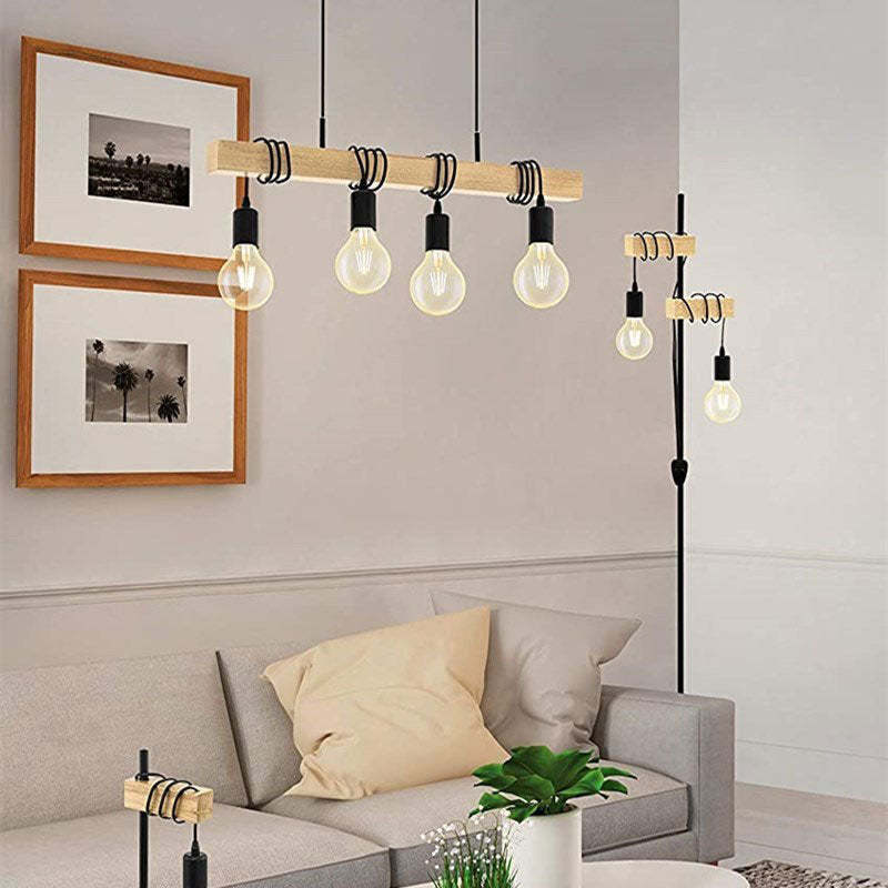Valerio Rustieke LineaireHouten Hanglamp, Zwart, 4 Lampen Slaapkamer/Woonkamer